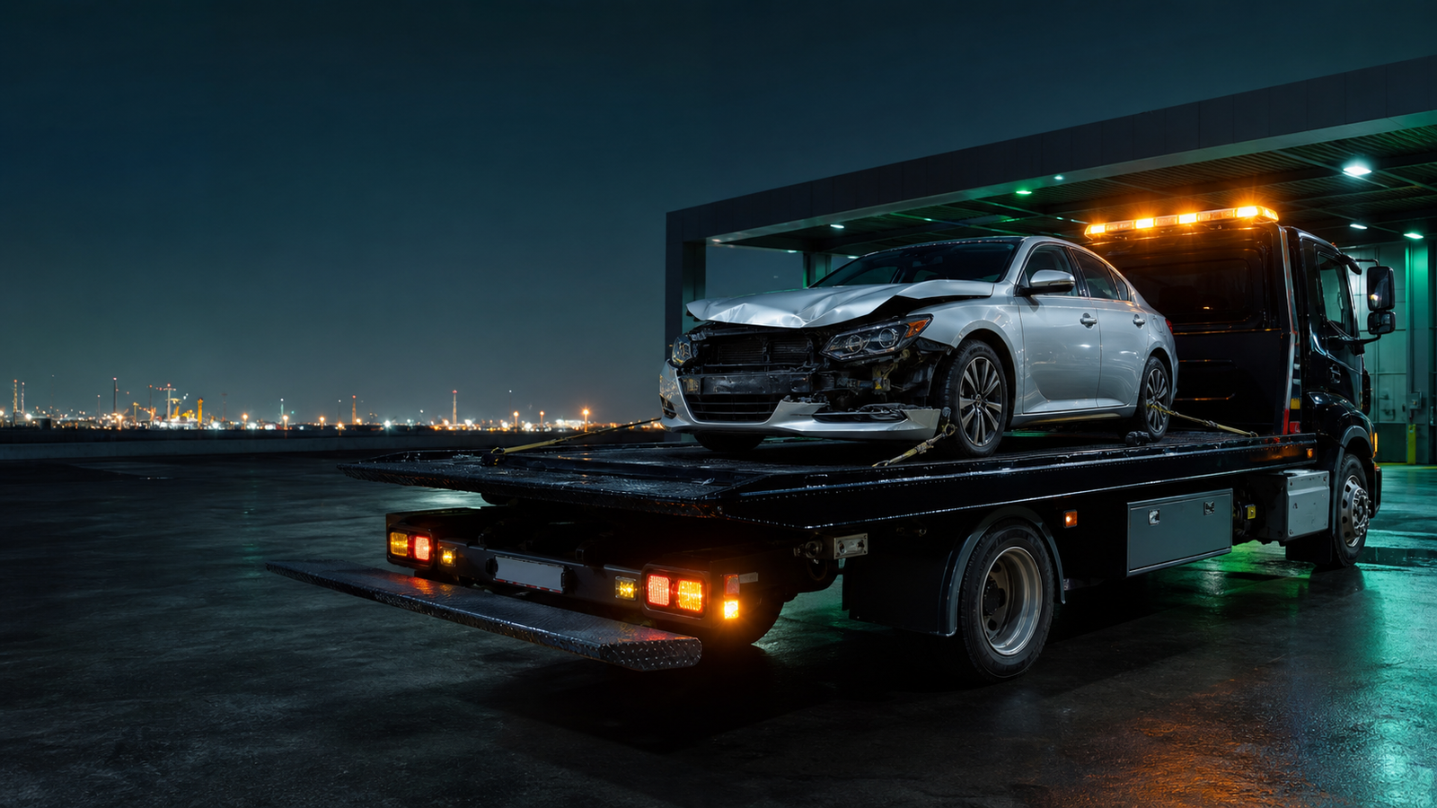 Accident damaged car secured on a professional recovery truck in the UAE