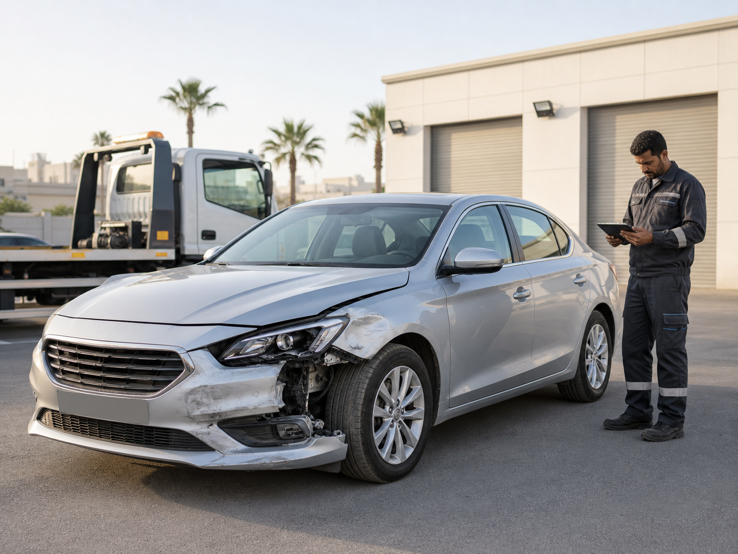 Accident damaged silver car being professionally assessed in the UAE