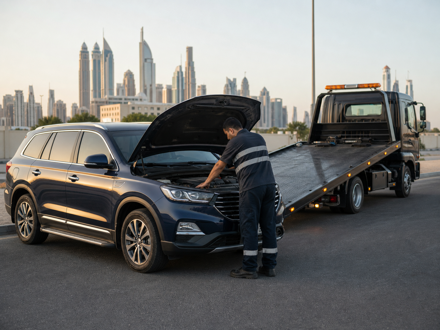 Non-running SUV receiving recovery assistance in Dubai