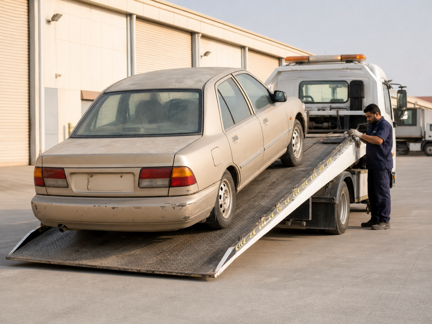 Old unwanted car being loaded onto a recovery truck in the UAE